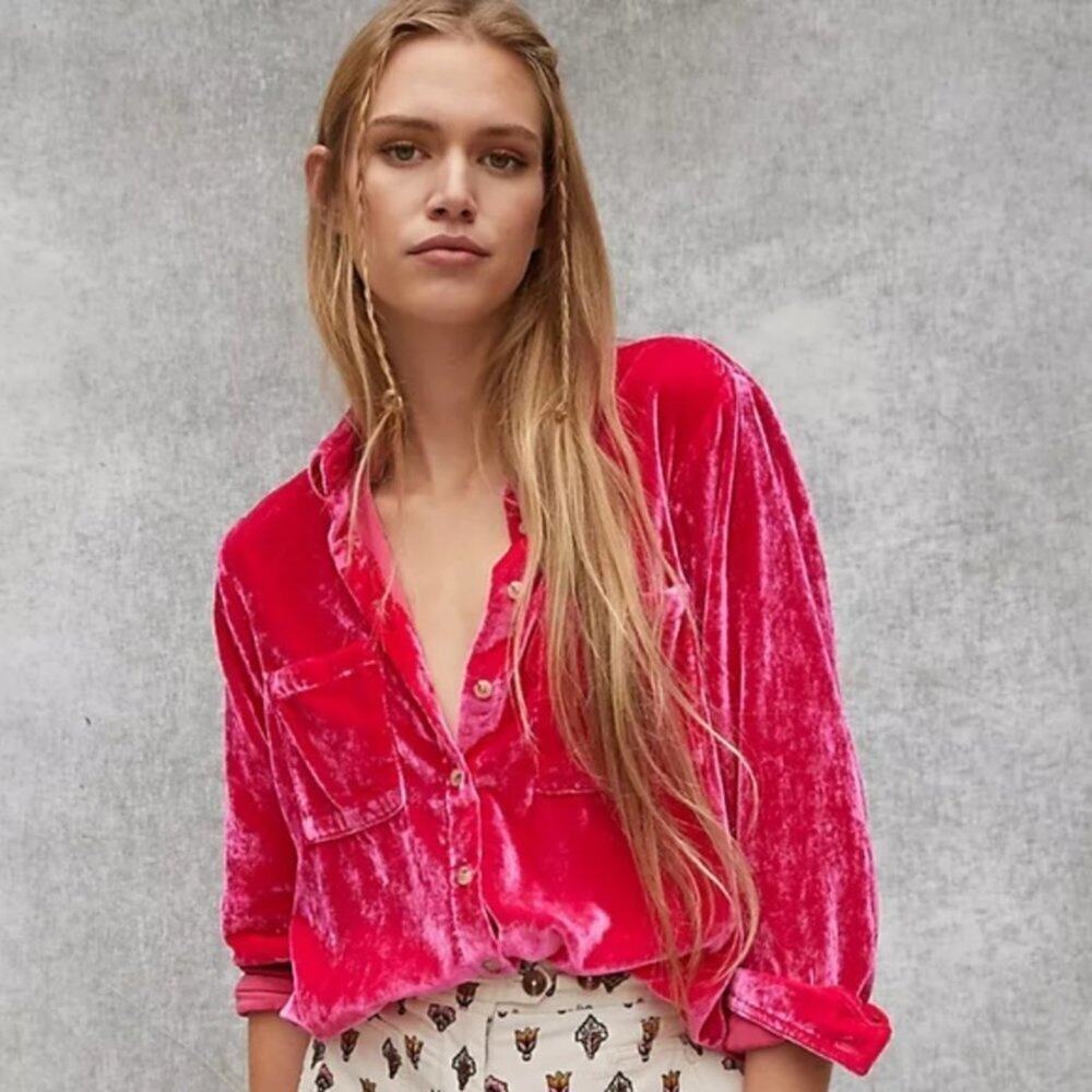 Pilcro Mara Pink Velvet Button Front Pants Petite 2 Boho Wide Leg Anthropologie
